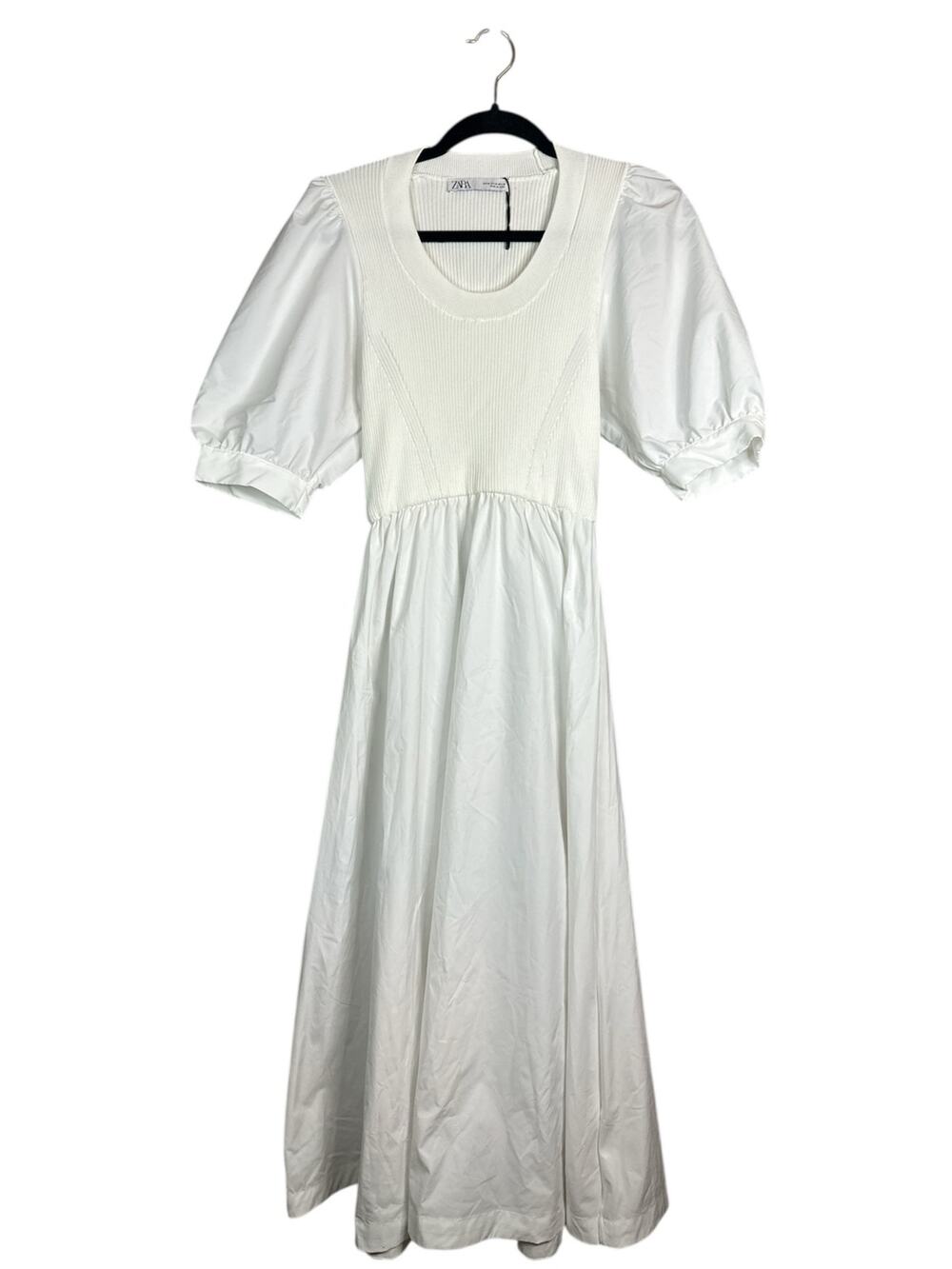 Zara NWOT White Short Puff Sleeve Scoop Neck Midi Fit Flare Dress Size Medium